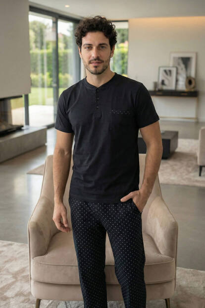 Midnight Black Kısa Kollu Cep Detaylı Elegant Erkek Pijama Takımı - 7