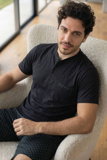 Midnight Black Şortlu Pat Detaylı Elegant Erkek Pijama Takımı - 2