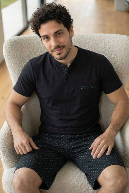 Midnight Black Şortlu Pat Detaylı Elegant Erkek Pijama Takımı - 3