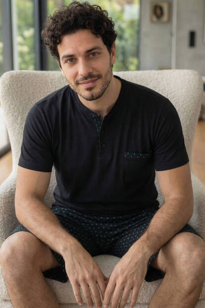 Midnight Black Şortlu Pat Detaylı Elegant Erkek Pijama Takımı - 4