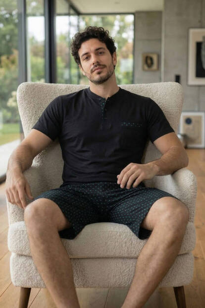 Midnight Black Şortlu Pat Detaylı Elegant Erkek Pijama Takımı - 6