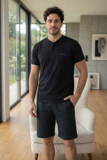 Midnight Black Şortlu Pat Detaylı Elegant Erkek Pijama Takımı - 7
