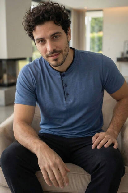 Midnight Steel Kısa Kollu Pat Detaylı Elegant Erkek Pijama Takımı - 2