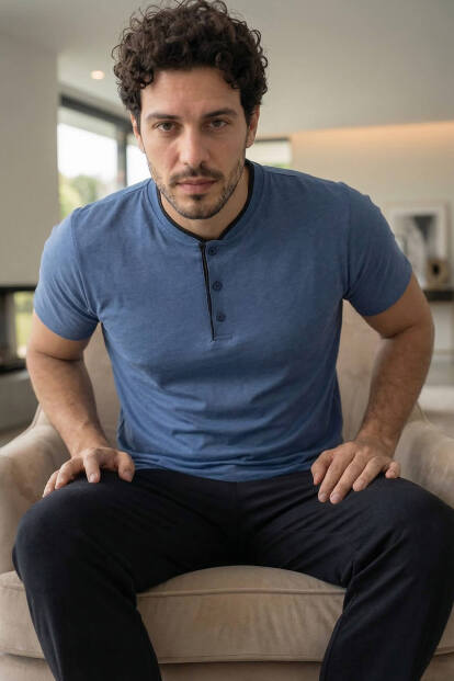 Midnight Steel Kısa Kollu Pat Detaylı Elegant Erkek Pijama Takımı - 4