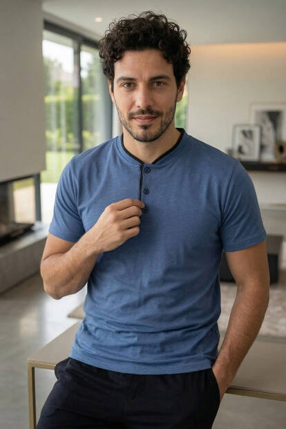 Midnight Steel Kısa Kollu Pat Detaylı Elegant Erkek Pijama Takımı - 5