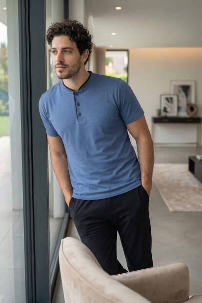 Midnight Steel Kısa Kollu Pat Detaylı Elegant Erkek Pijama Takımı - 6