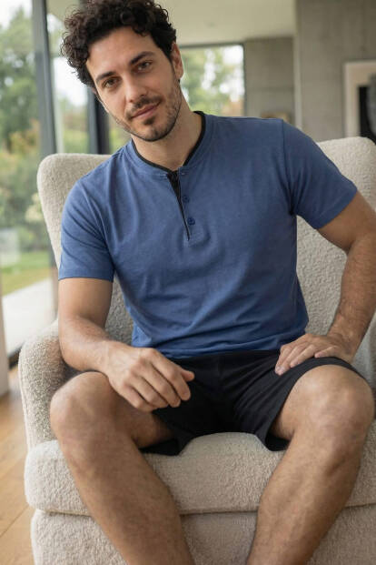 Midnight Steel Şortlu Pat Detaylı Elegant Erkek Pijama Takımı - 2