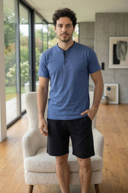 Midnight Steel Şortlu Pat Detaylı Elegant Erkek Pijama Takımı - 6