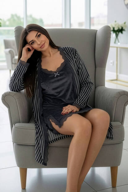 Midnight Teal Exclusive Kadife Sabahlıklı Gecelik Kadın Pijama Takımı - 2