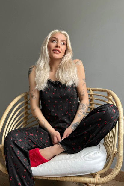 Mini Fleur Dantelli İp Askılı Örme Kadın Pijama Takımı - 2