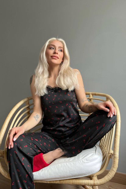 Mini Fleur Dantelli İp Askılı Örme Kadın Pijama Takımı - 3