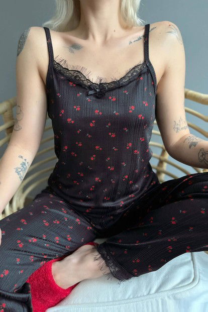 Mini Fleur Dantelli İp Askılı Örme Kadın Pijama Takımı - 4