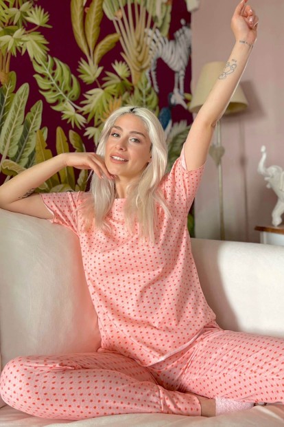 Mini Heart Baskılı Kısa Kollu Kadın Pijama Takımı - 1