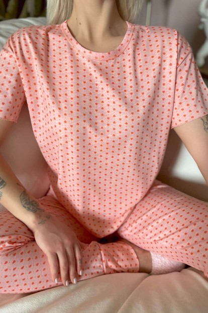 Mini Heart Baskılı Kısa Kollu Kadın Pijama Takımı - 4