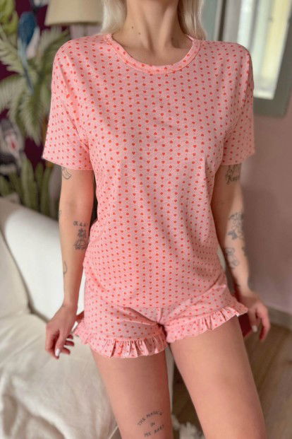 Mini Kalp Baskılı Şortlu Kadın Pijama Takımı - 5