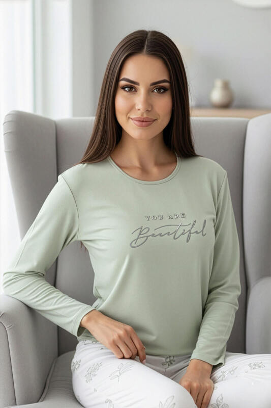 Mint Beautiful Desenli Uzun Kollu Bambu Örme Kadın Pijama Takımı - Pijamaevi (1)