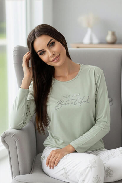 Mint Beautiful Desenli Uzun Kollu Bambu Örme Kadın Pijama Takımı - 3