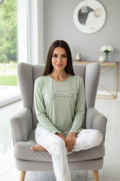 Mint Beautiful Desenli Uzun Kollu Bambu Örme Kadın Pijama Takımı - 4