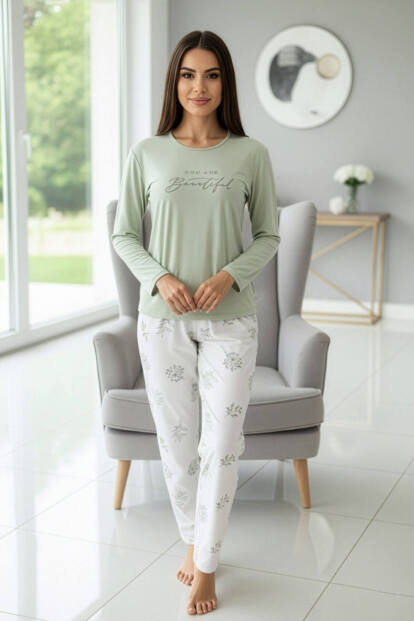 Mint Beautiful Desenli Uzun Kollu Bambu Örme Kadın Pijama Takımı - 5