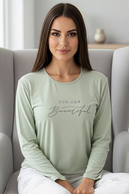Mint Beautiful Desenli Uzun Kollu Bambu Örme Kadın Pijama Takımı - 7