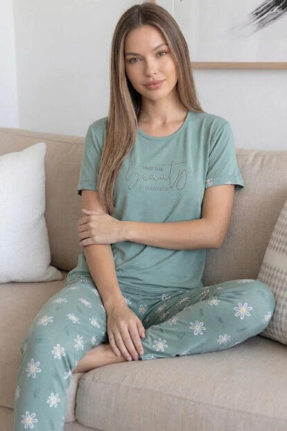 Mint Beauty Desenli Bambu Kısa Kol Kadın Pijama Takımı - 2
