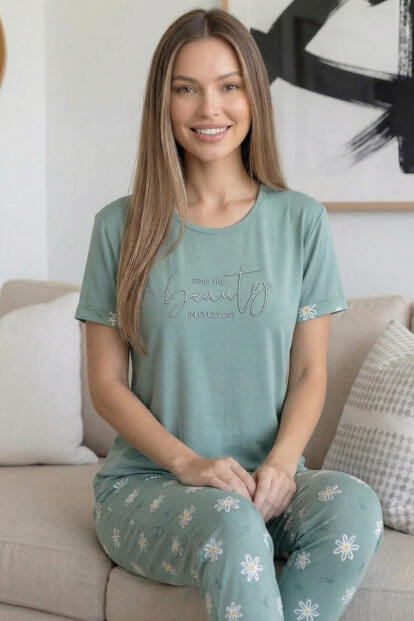 Mint Beauty Desenli Bambu Kısa Kol Kadın Pijama Takımı - 3