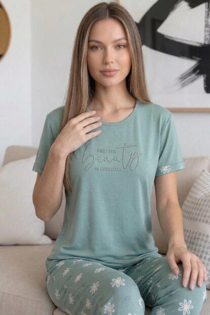 Mint Beauty Desenli Bambu Kısa Kol Kadın Pijama Takımı - 4
