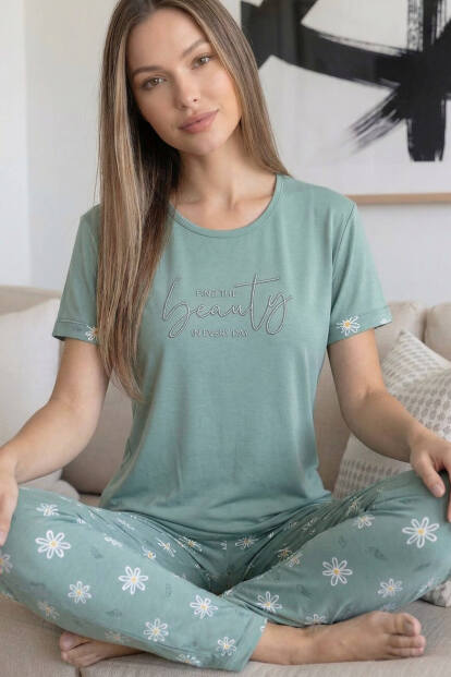 Mint Beauty Desenli Bambu Kısa Kol Kadın Pijama Takımı - 5