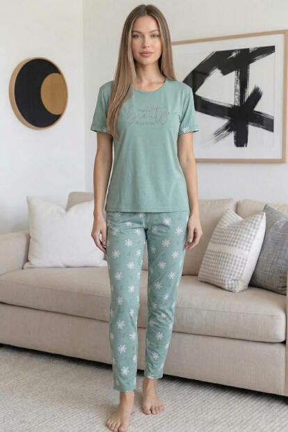 Mint Beauty Desenli Bambu Kısa Kol Kadın Pijama Takımı - 7