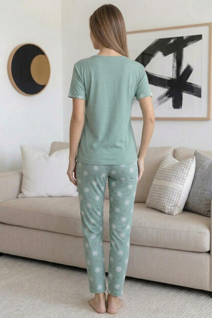 Mint Beauty Desenli Bambu Kısa Kol Kadın Pijama Takımı - 8