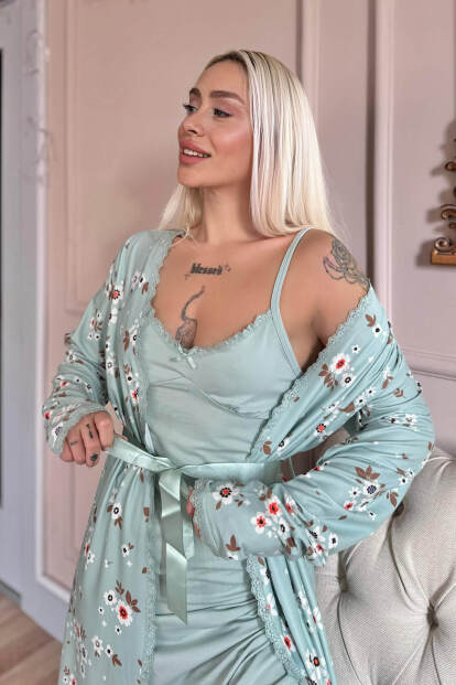 Mint Charm Exclusive Örme Sabahlıklı Gecelik Kadın Pijama Takımı - 1