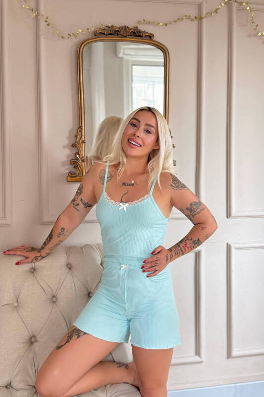 Mint Chic Comfort Dantelli Örme Askılı Şortlu Kadın Pijama Takımı - Pijamaevi (1)