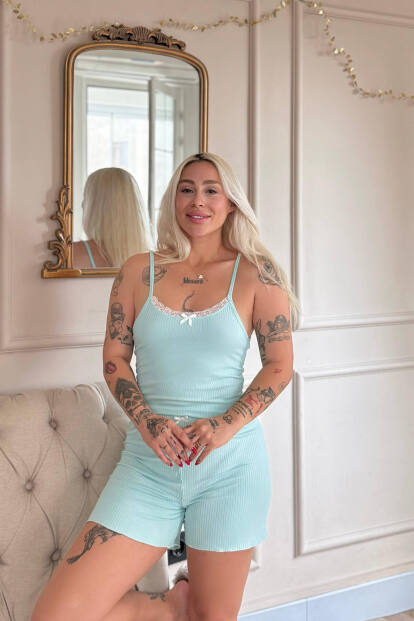 Mint Chic Comfort Dantelli Örme Askılı Şortlu Kadın Pijama Takımı - 4
