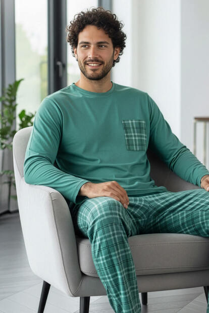 Mint Desenli Stylish Erkek Uzun Kol Pijama Takımı 