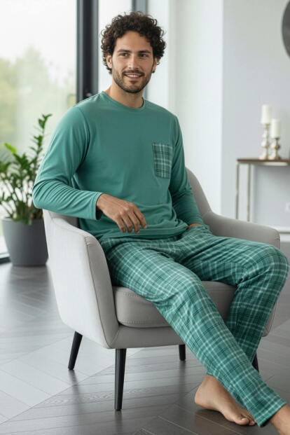 Mint Desenli Stylish Erkek Uzun Kol Pijama Takımı - 2