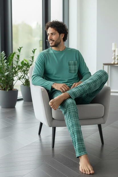 Mint Desenli Stylish Erkek Uzun Kol Pijama Takımı - 3
