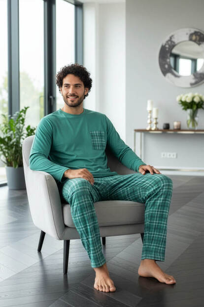 Mint Desenli Stylish Erkek Uzun Kol Pijama Takımı - 4