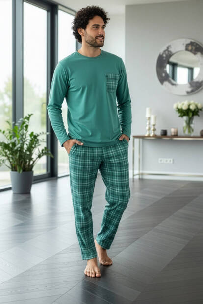 Mint Desenli Stylish Erkek Uzun Kol Pijama Takımı - 5