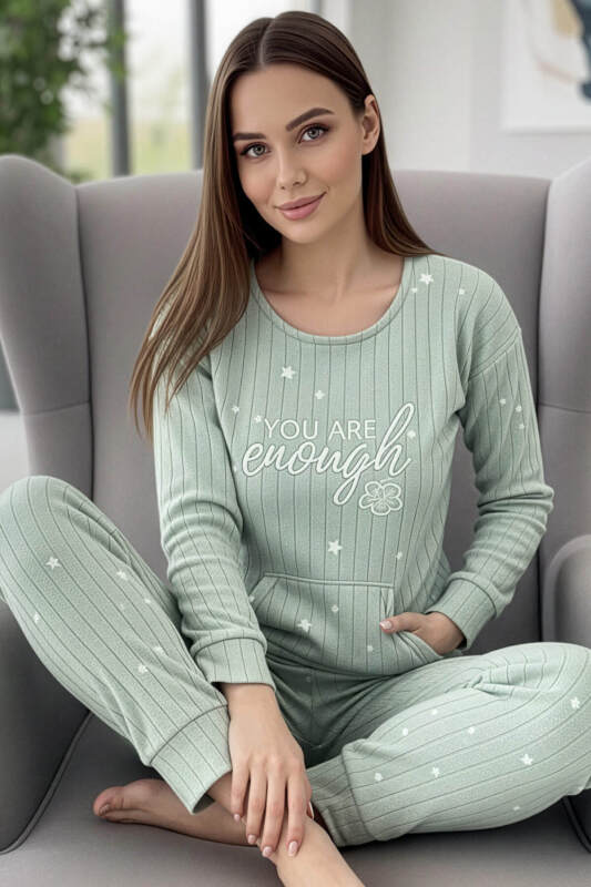 Mint Enough Desenli Kanguru Cepli Peluş Polar Pijama Takımı - Pijamaevi