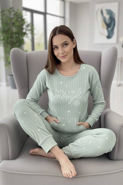 Mint Enough Desenli Kanguru Cepli Peluş Polar Pijama Takımı - 2
