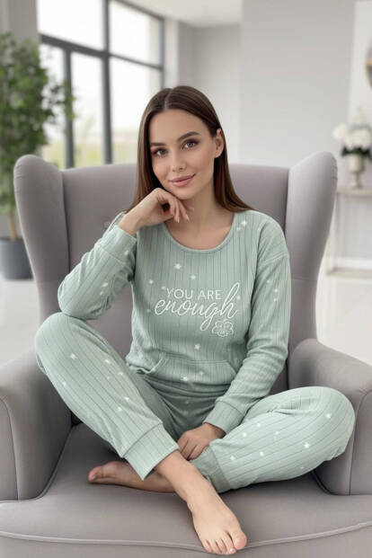 Mint Enough Desenli Kanguru Cepli Peluş Polar Pijama Takımı - 4