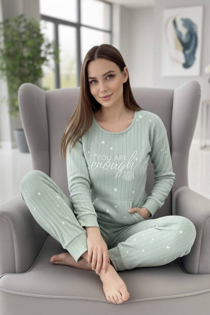 Mint Enough Desenli Kanguru Cepli Peluş Polar Pijama Takımı - 5