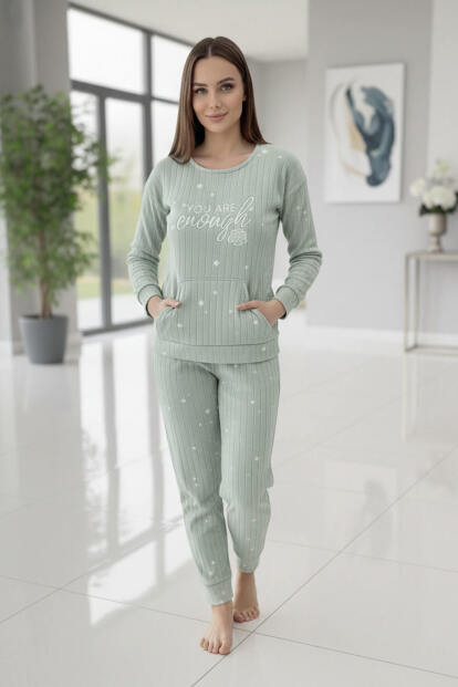 Mint Enough Desenli Kanguru Cepli Peluş Polar Pijama Takımı - 7