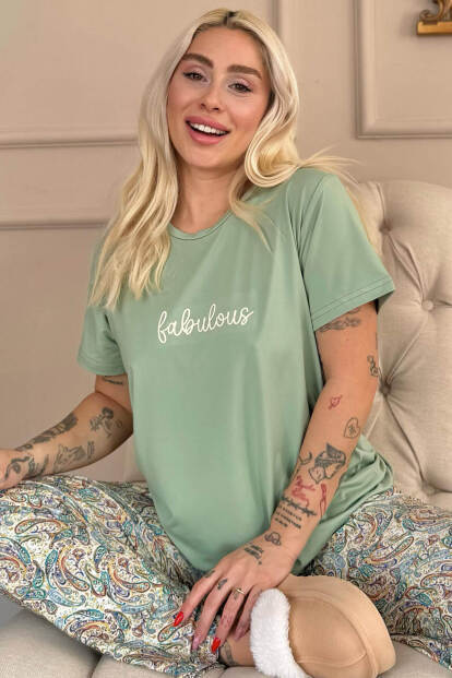 Mint Fabulous Desenli Kısa Kollu Örme Kadın Pijama Takımı - 7
