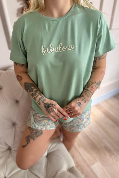 Mint Fabulous Desenli Kısa Kollu Şortlu Örme Kadın Pijama Takımı - 5