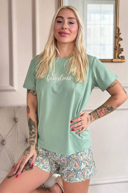 Mint Fabulous Desenli Kısa Kollu Şortlu Örme Kadın Pijama Takımı - 6