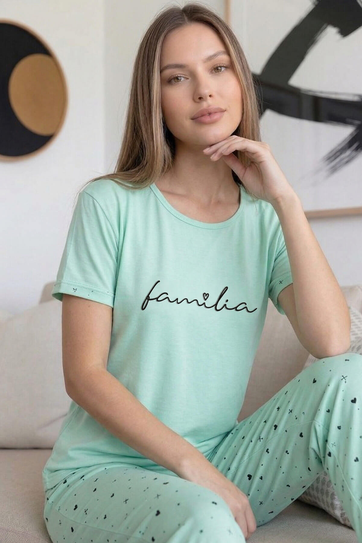 Mint Familia Desenli Bambu Kısa Kol Kadın Pijama Takımı - Pijamaevi