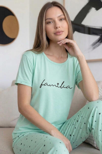 Mint Familia Desenli Bambu Kısa Kol Kadın Pijama Takımı 