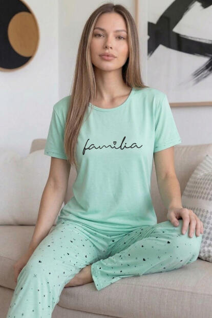 Mint Familia Desenli Bambu Kısa Kol Kadın Pijama Takımı - 2