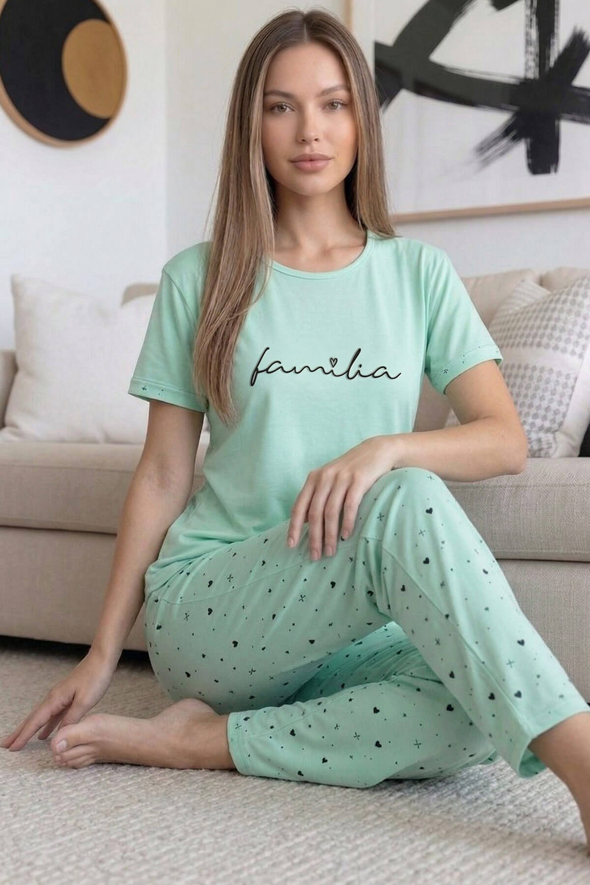 Mint Familia Desenli Bambu Kısa Kol Kadın Pijama Takımı - Pijamaevi (2)